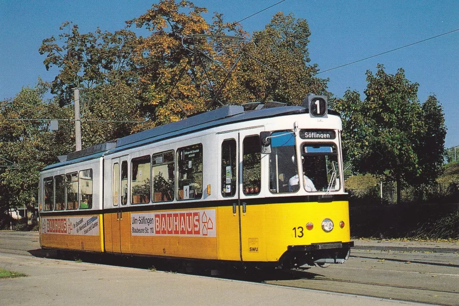 Postkarte: Ulm Straßenbahnlinie 1 mit Gelenkwagen 13 am Donauhalle  (Donaustadion) (1988)