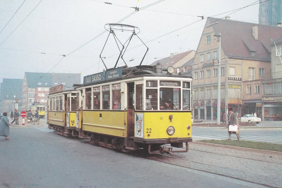 Postkarte: Ulm Straßenbahnlinie 1 mit Triebwagen 22 auf Olgastr. (1962)