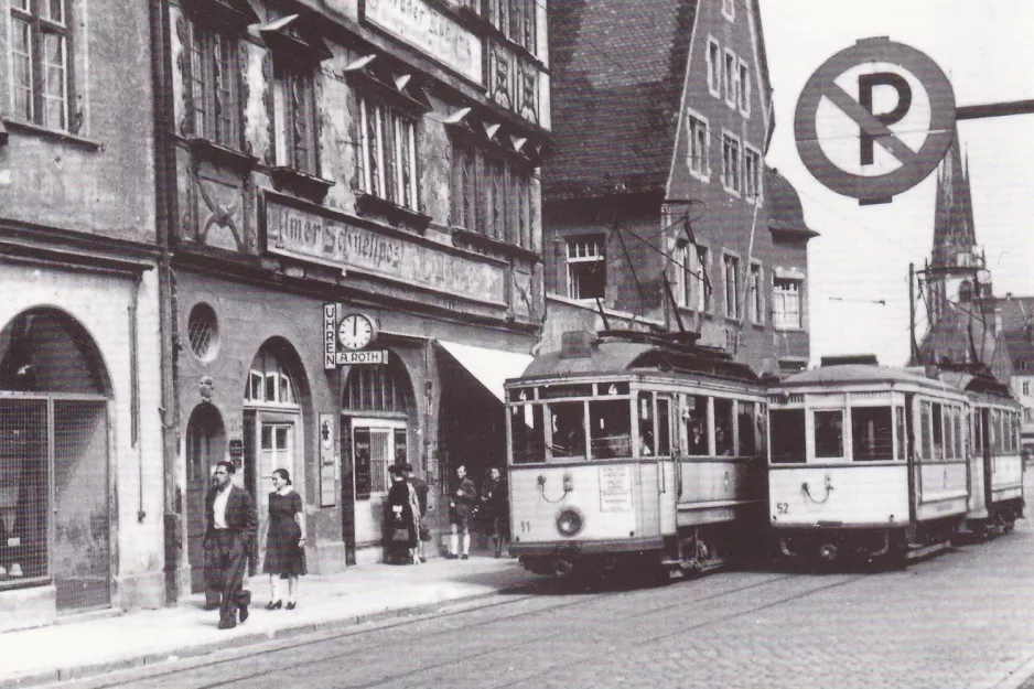 Postkarte: Ulm Straßenbahnlinie 4 mit Triebwagen 11 auf Frauenstraße (1950)