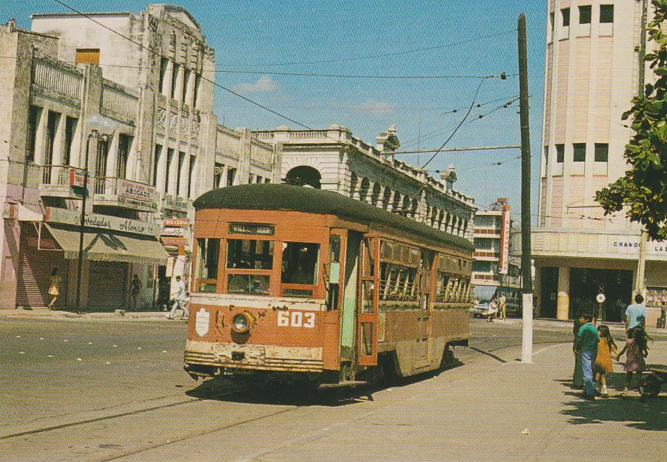 Postkarte: Veracruz Straßenbahnlinie Villa Del Mar mit Triebwagen 603 auf Plaza Hidalgo (1975)