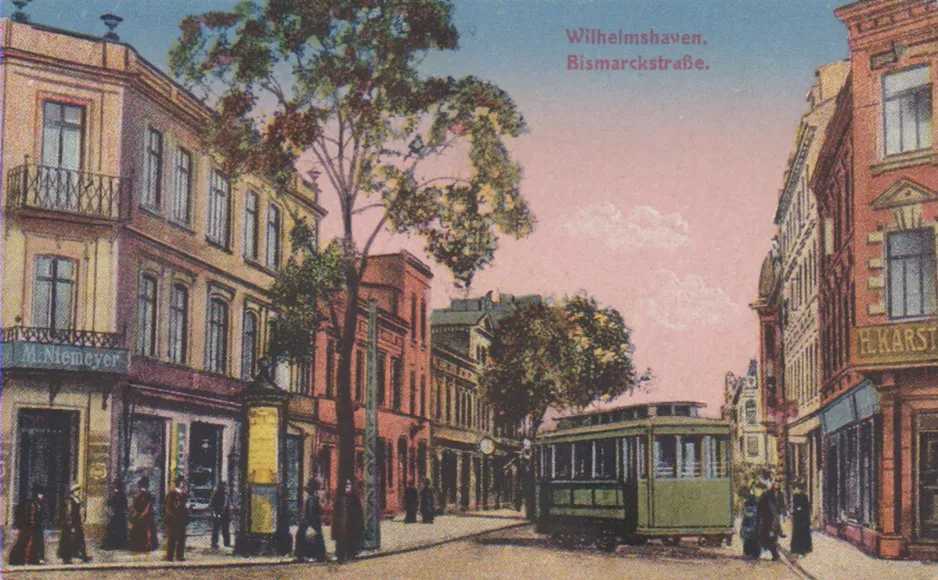 Postkarte: Wilhelmshaven Straßenbahnlinie 3 auf Bismarckstraße (1913)