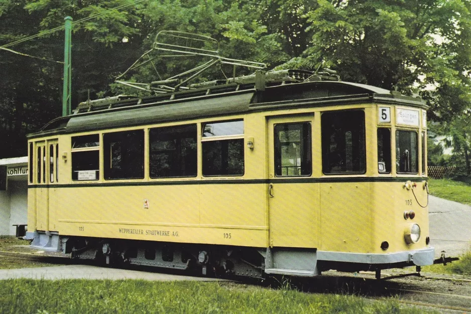 Postkarte: Wuppertal BMB mit Triebwagen 105 am Schulkohlfurth (1985)