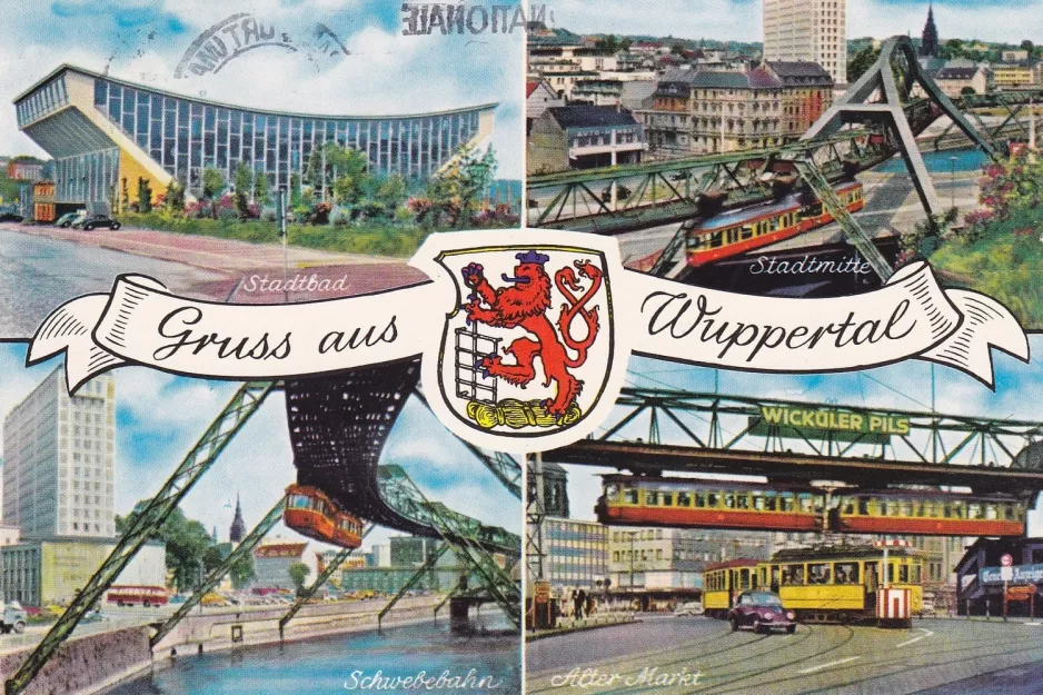 Postkarte: Wuppertal  Stadtbad - Stadtmitte - Schwebebahn - Alter Markt. (1960)