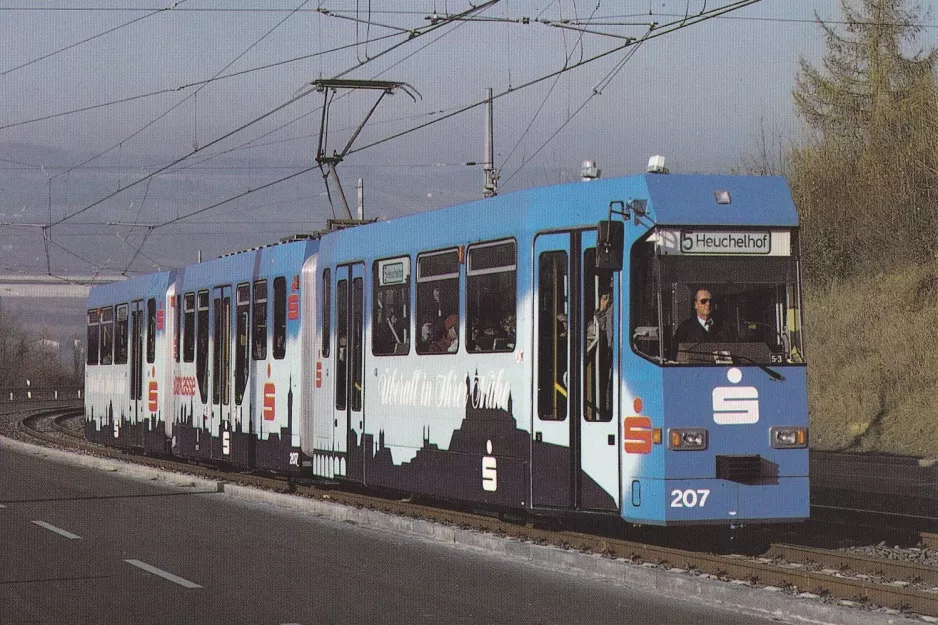 Postkarte: Würzburg Straßenbahnlinie 5 mit Gelenkwagen 207 am Berner Str. (1989)