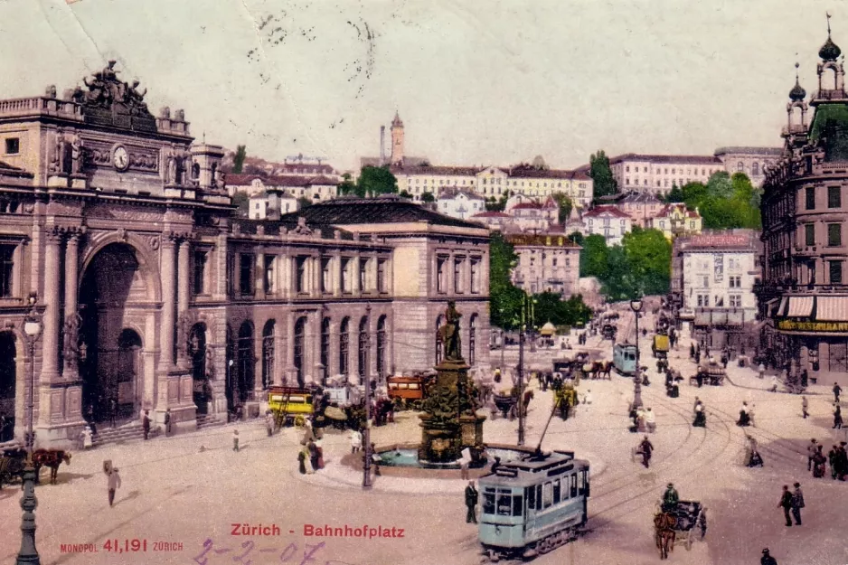 Postkarte: Zürich auf Bahnhofplatz HB (1907)