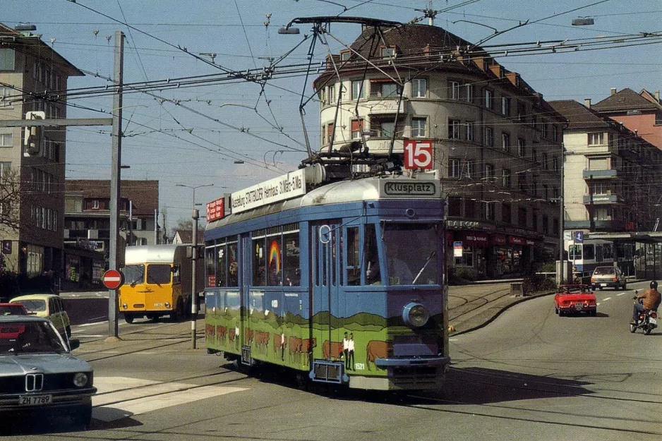 Postkarte: Zürich Straßenbahnlinie 15 mit Triebwagen 1521 auf Schaffhauserplatz (1985)