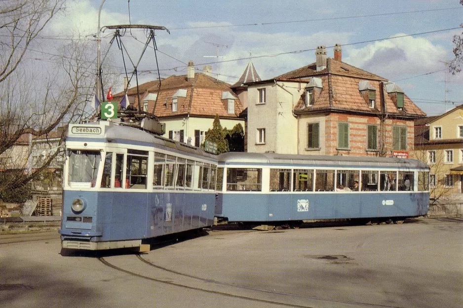 Postkarte: Zürich Straßenbahnlinie 3 mit Triebwagen 1519 am Seebach (1987)