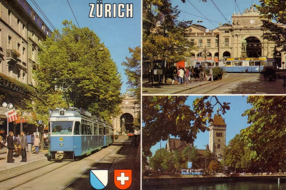 Postkarte: Zürich Straßenbahnlinie 7  am Bahnhofstr. / HB (1977)