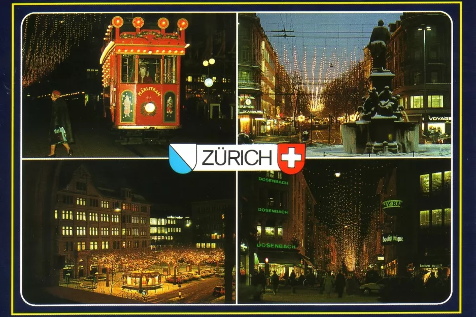 Postkarte: Zürich Touristenbahn Märlitram mit Museumswagen 1208 auf Bahnhofstr. / HB (1995)