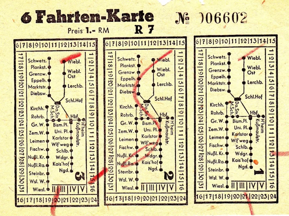 Rabatt-Fahrkarte für Rhein-Neckar-Verkehr in Heidelberg (RNV), die Vorderseite (1938)