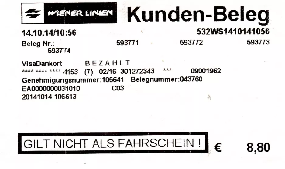 Rechnung für Wiener Linien, die Vorderseite (2014)