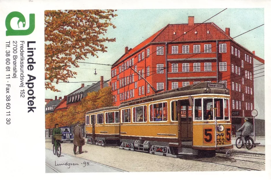 Rezept-Briefumschlag: Kopenhagen Straßenbahnlinie 5 mit Triebwagen 552 am Brønshøj (1995)
