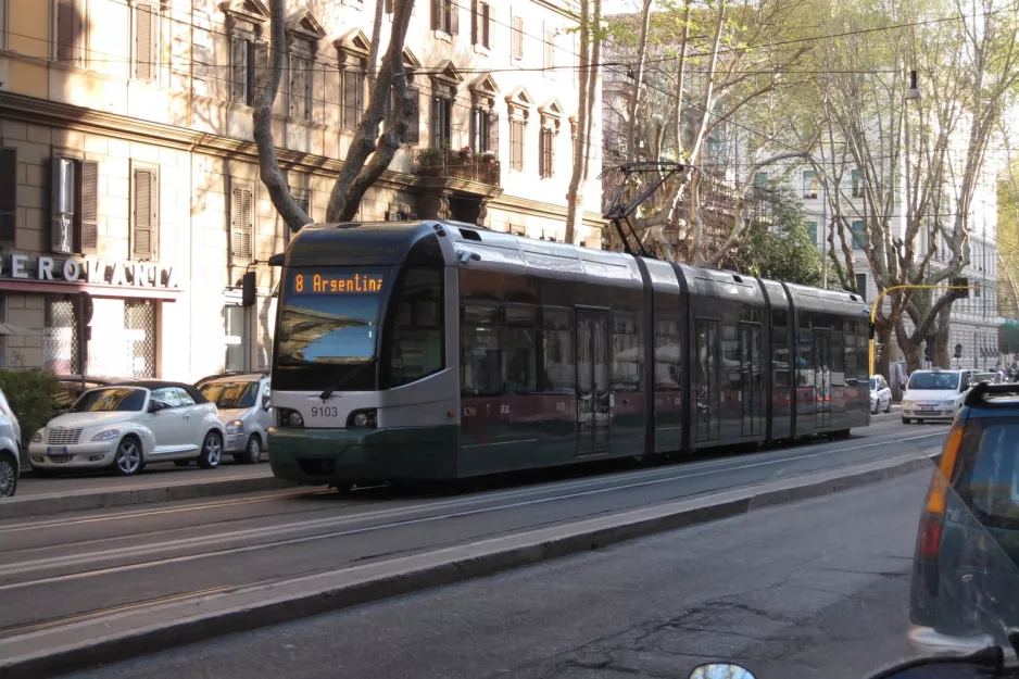 Rom Straßenbahnlinie 8 mit Niederflurgelenkwagen 9103nah Trastevere / Min Istruzione (2010)