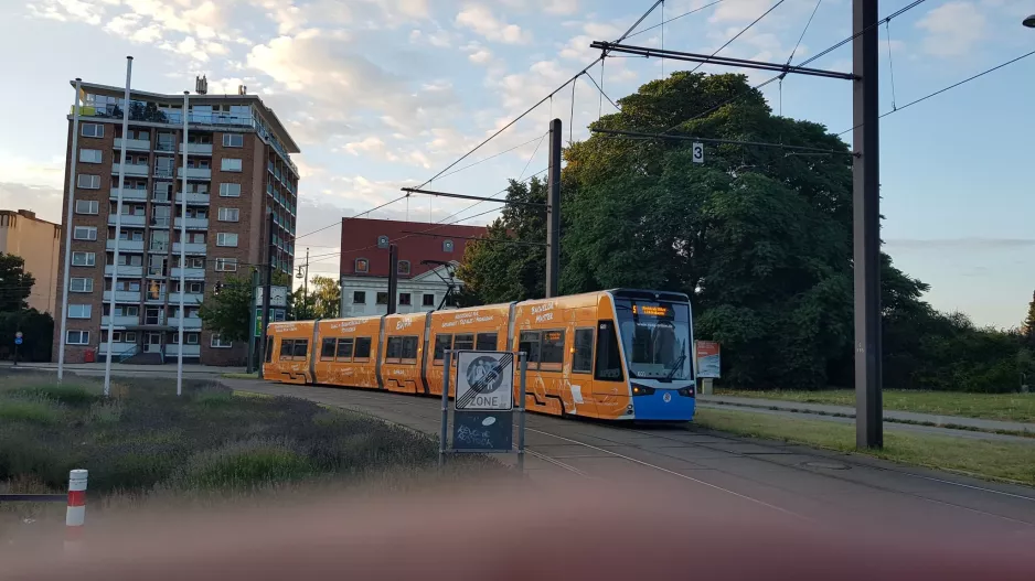 Rostock Straßenbahnlinie 5 mit Niederflurgelenkwagen 601 auf Neuer Markt (2022)