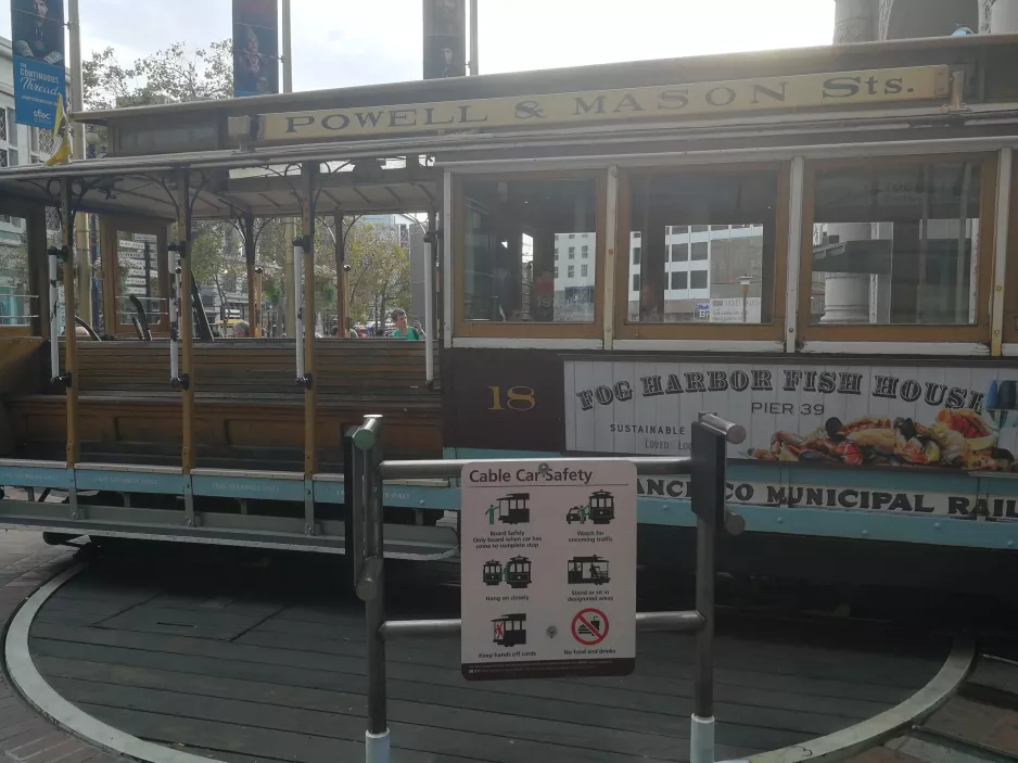 San Francisco Kabelstraßenbahn Powell-Mason mit Kabelstraßenbahn 18 am Powell & Market (2019)