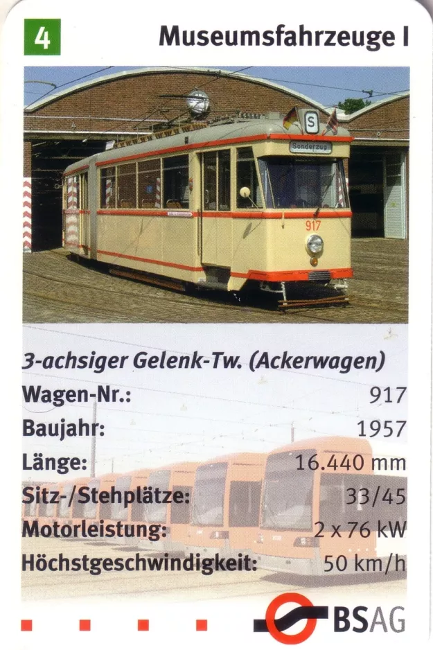 Spielkarte: Bremen Gelenkwagen 917 vor dem Depot Sebaldsbrück (2006)