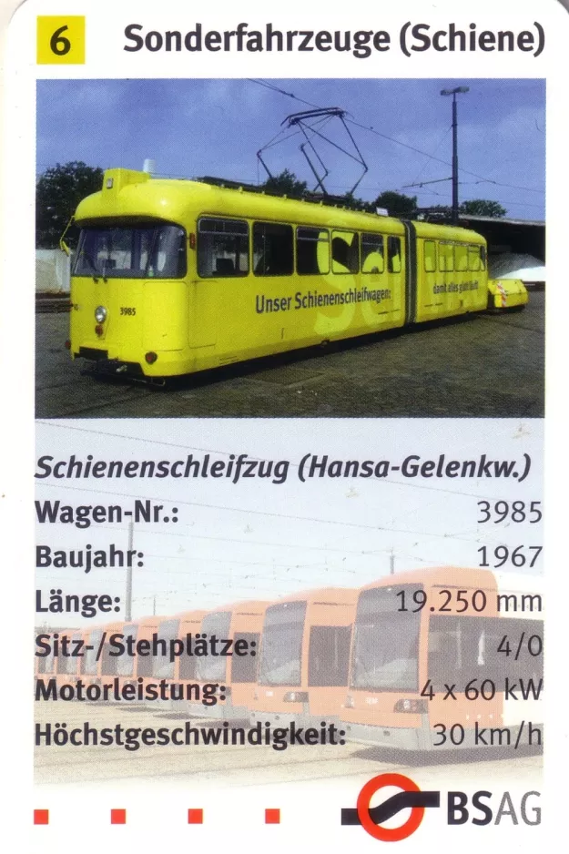 Spielkarte: Bremen Schleifwagen 3985 im BSAG - Zentrum (2006)