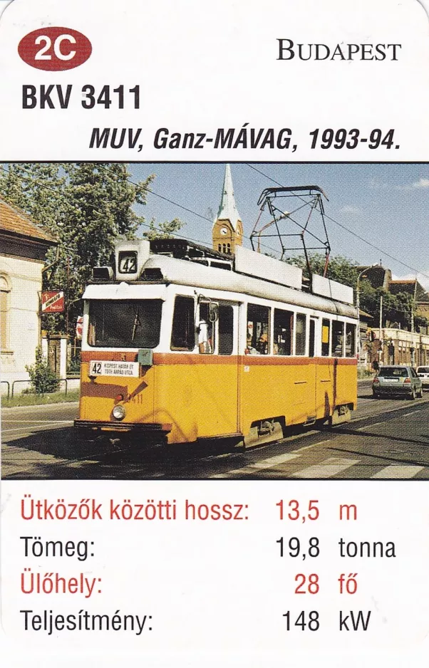 Spielkarte: Budapest Straßenbahnlinie 42 mit Triebwagen 3411 auf Ady Endre út (2014)