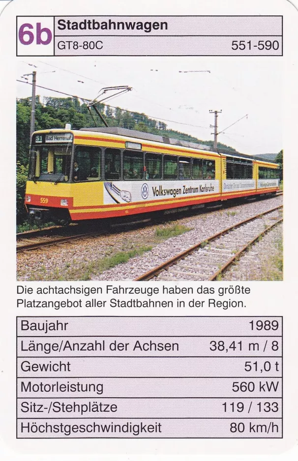 Spielkarte: Karlsruhe Regionallinie S1 mit Gelenkwagen 559 Stadtbahnwagen GT8-80c (2002)