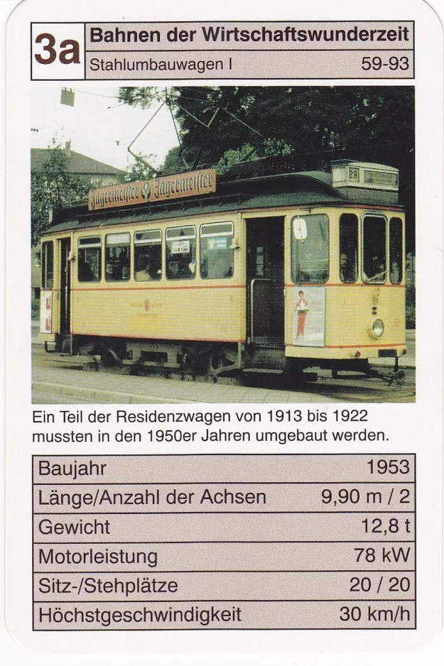 Spielkarte: Karlsruhe Straßenbahnlinie 29 mit Triebwagen 69 Bahnen der Wirtschaftswunderzeit (2002)