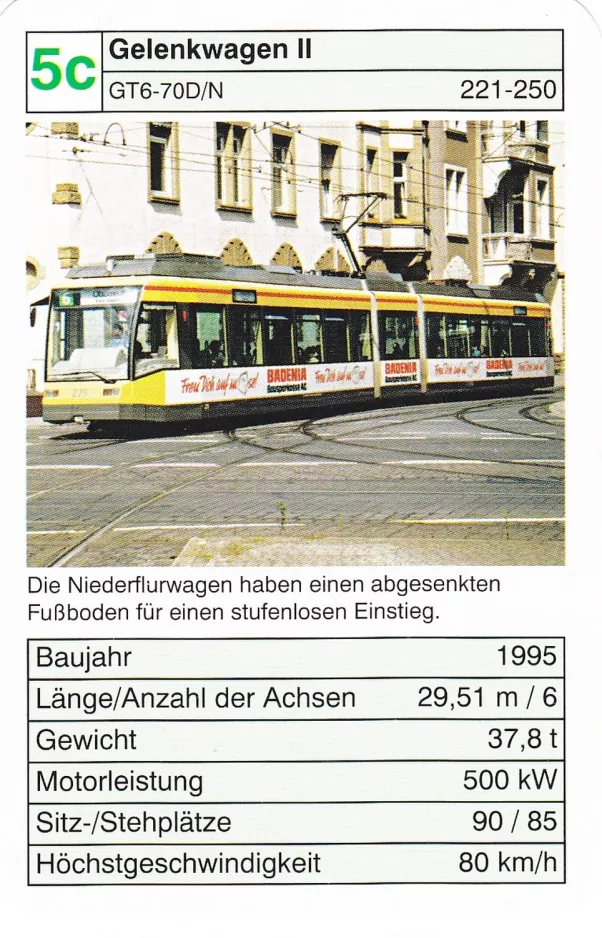 Spielkarte: Karlsruhe Straßenbahnlinie 6 mit Niederflurgelenkwagen 225 auf Kaiserstraße (2002)