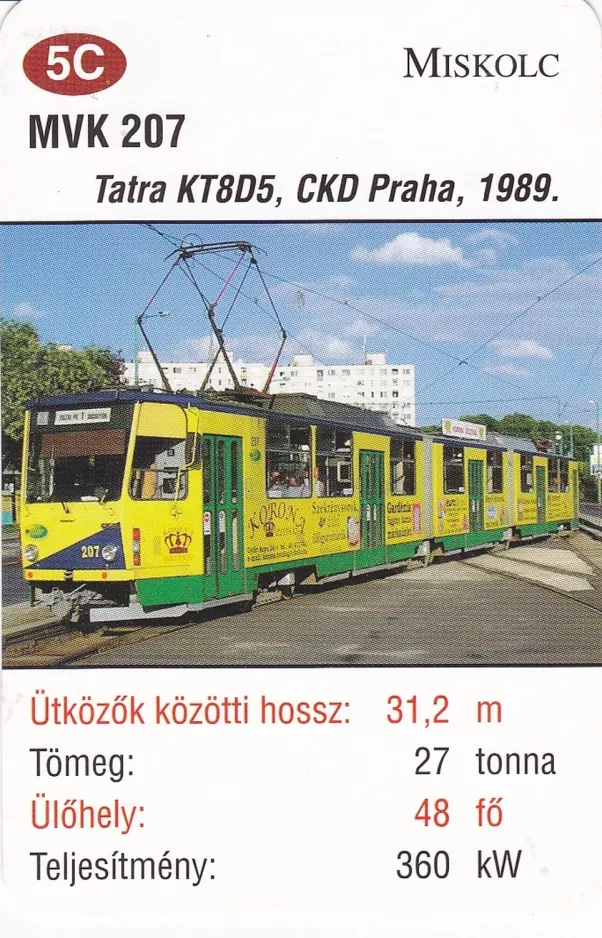 Spielkarte: Miskolc Straßenbahnlinie 1V mit Gelenkwagen 207 (2014)