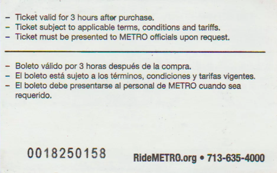 Stundenkarte für Metropolitan Transit Authority of Harris County (METROrail), die Rückseite (2018)