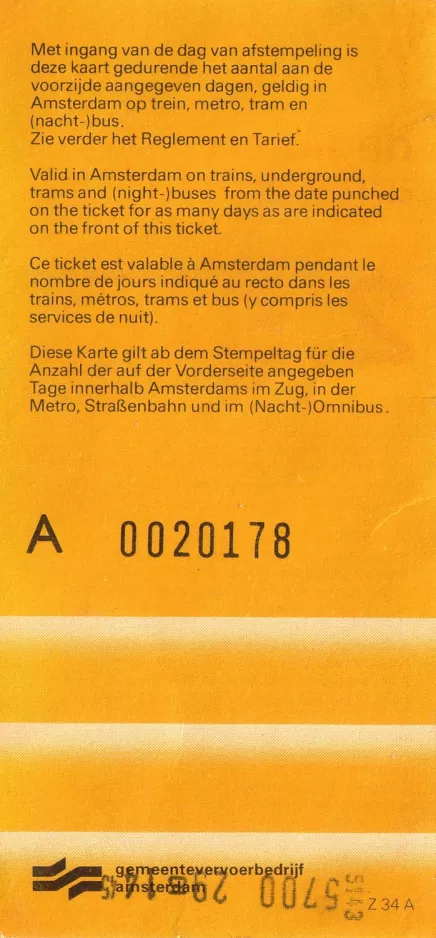 Tageskarte für Gemeentevervoerbedrijf Amsterdam (GVB), die Rückseite (1981)