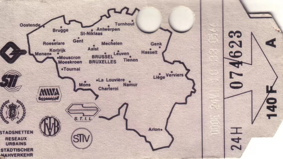 Tageskarte für Gesellschaft für zwischengemeindlichen Verkehr zu Brüssel (MIVB/STIB) (1990)