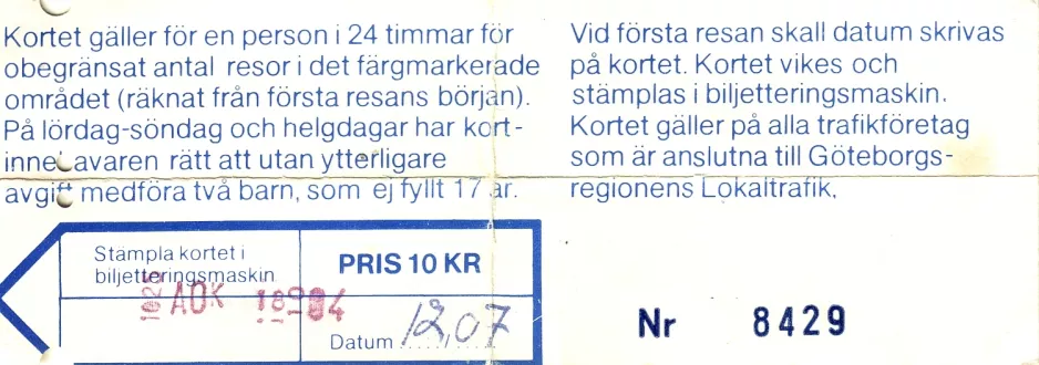 Tageskarte für Göteborgs Spårvägar (GS), die Rückseite (1980)