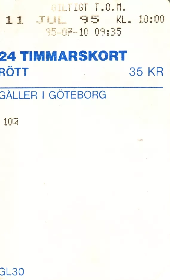 Tageskarte für Göteborgs Spårvägar (GS), die Rückseite (1995)