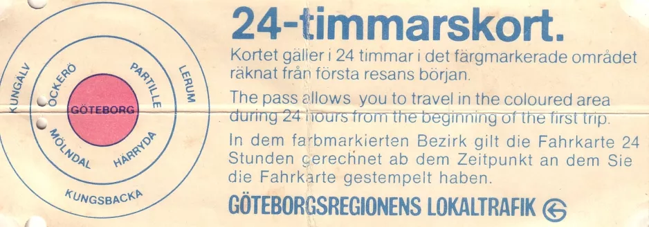 Tageskarte für Göteborgs Spårvägar (GS), die Vorderseite (1980)