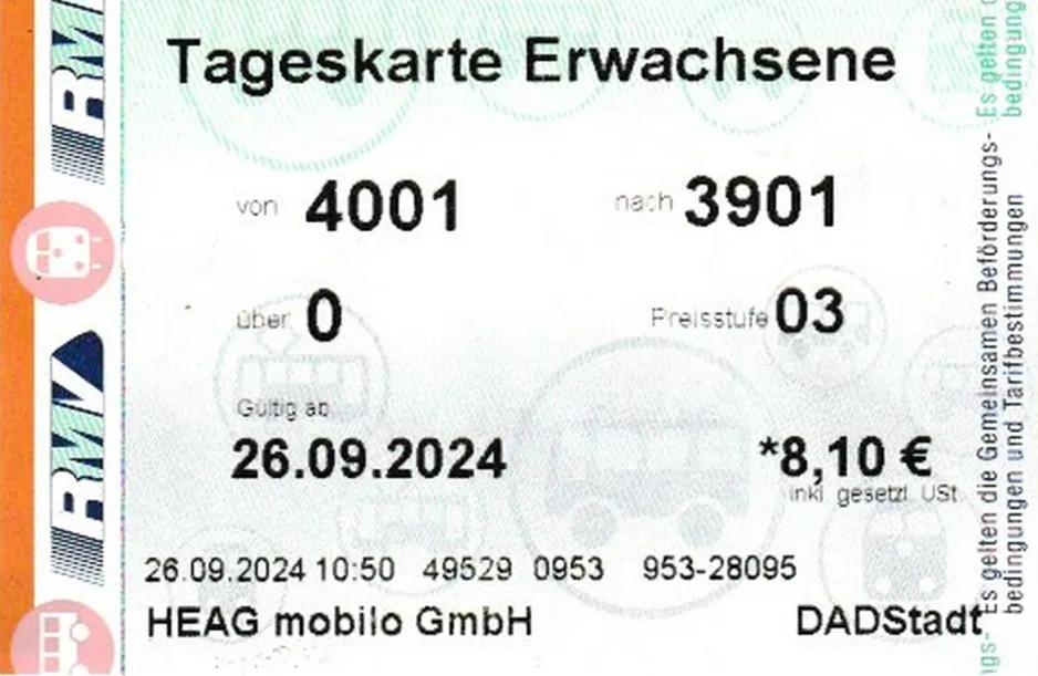 Tageskarte für HEAG mobilo, die Vorderseite (2024)