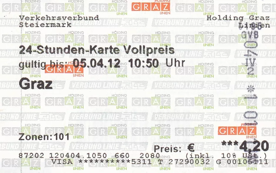 Tageskarte für Holding Graz Linien, die Vorderseite (2012)