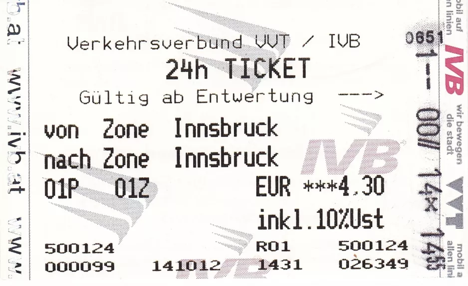 Tageskarte für Innsbrucker Verkehrsbetriebe (IVB), die Vorderseite (2012)