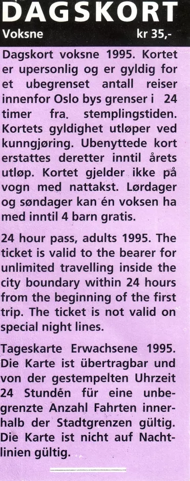 Tageskarte für Sporveien, die Rückseite (1995)