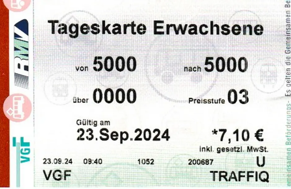 Tageskarte für Verkehrsgesellschaft Frankfurt am Main (VGF), die Vorderseite (2024)