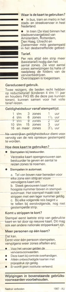 Ticket-Gutschein für HTM Personenvervoer N.V., die Rückseite (1987)
