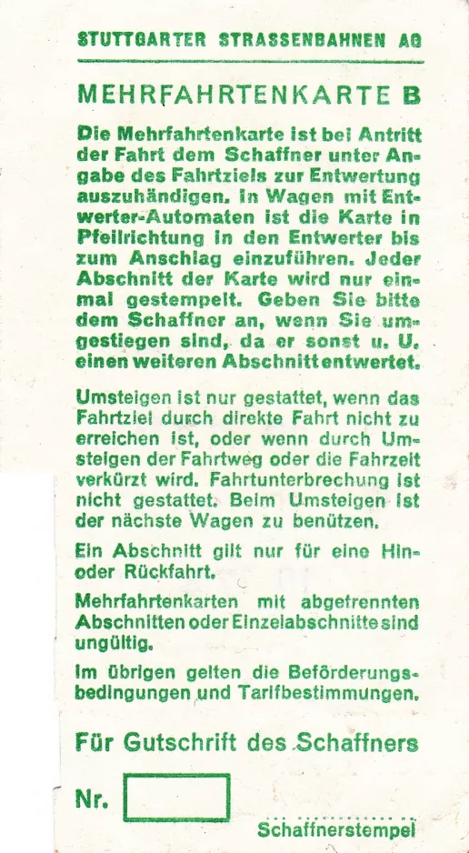 Ticket-Gutschein für Stuttgarter Straßenbahnen (SSB), die Rückseite (1970)
