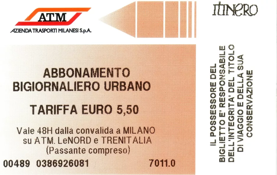 Touristenkarte für Azienda Trasporti Milanesi (ATM), die Vorderseite (2009)