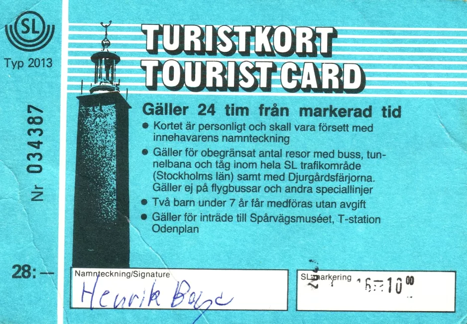 Touristenkarte für Storstockholms Lokaltrafik (SL), die Vorderseite (1984)