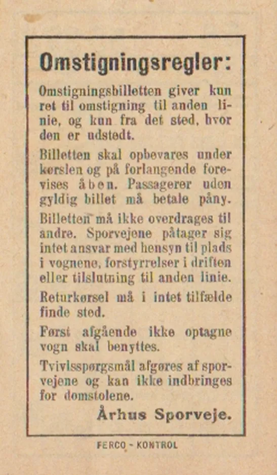 Überweisung-Fahrkarte für Århus Sporveje (ÅS), die Rückseite (1954)