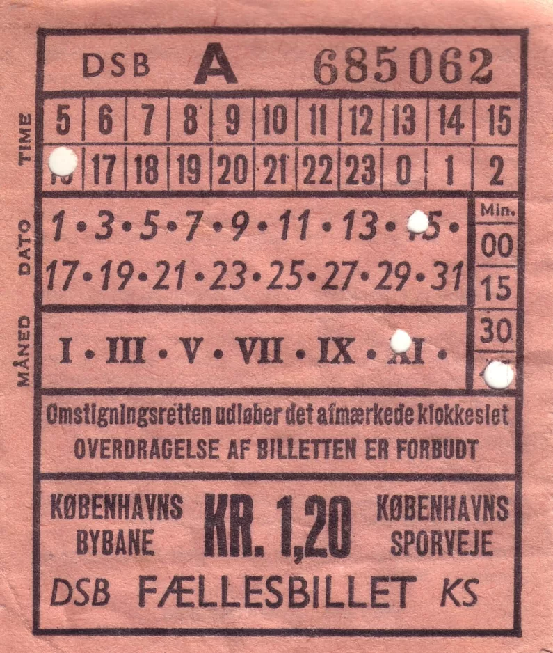 Überweisung-Fahrkarte für Københavns Sporveje (KS), die Vorderseite  1.20 (1965)