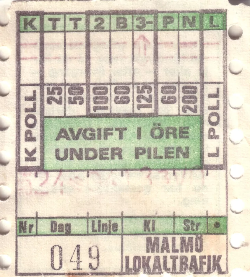 Überweisung-Fahrkarte für Malmö Lokaltrafik (ML), die Vorderseite  ML (1971-1973)
