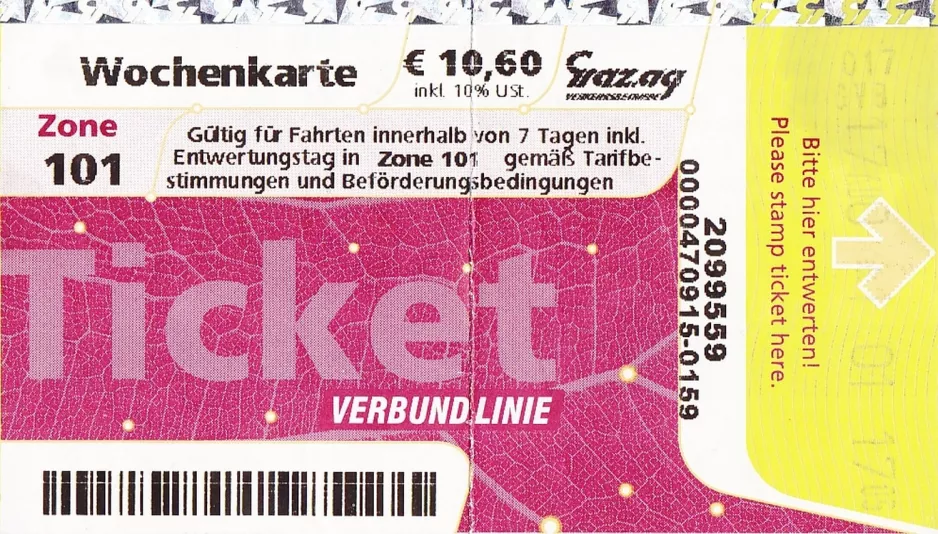 Wochekarte für Holding Graz Linien, die Vorderseite (2010)