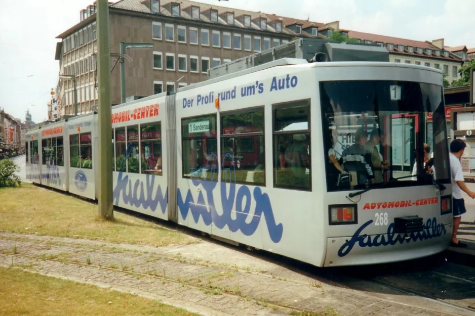 Würzburg Zusätzliche Linie 1 mit Niederflurgelenkwagen 268 nahe bei Hauptbahnhof (1998)