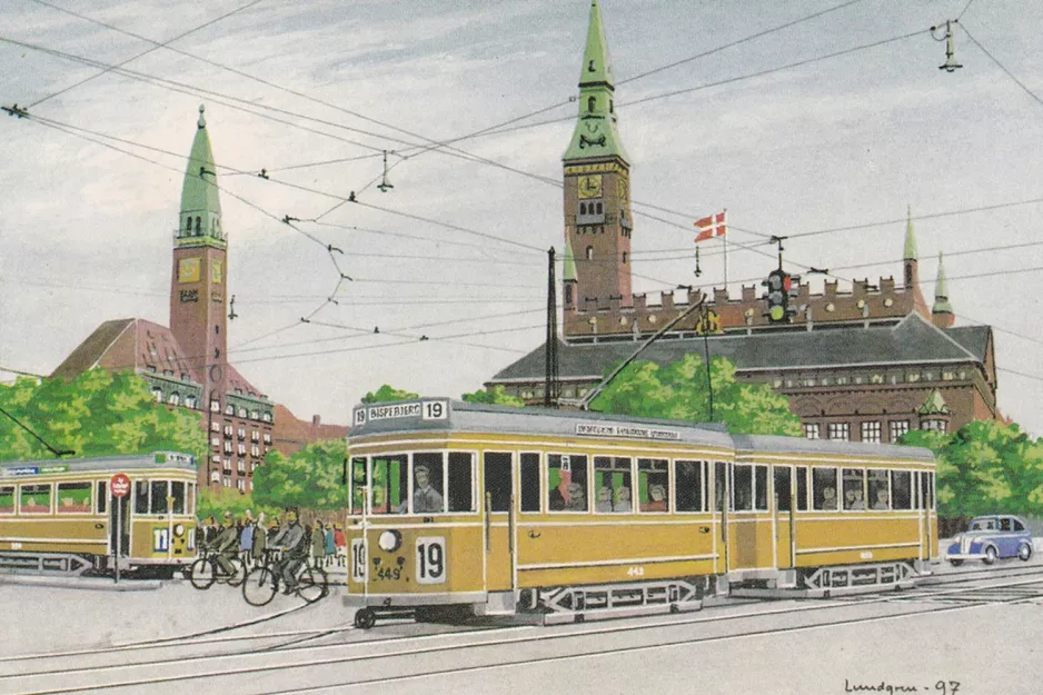 Zeichnung: Kopenhagen Straßenbahnlinie 11 auf Rådhuspladsen (1946)