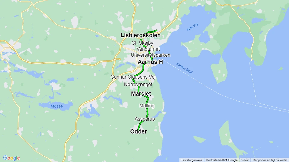 Aarhus Stadtbahn Linie L2: Odder - Lystrup Linienkarte