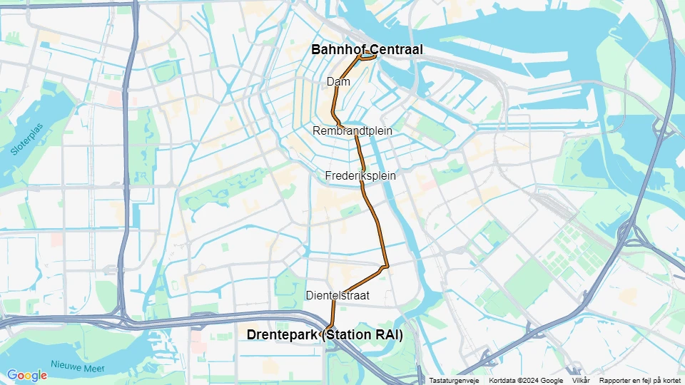 Amsterdam Straßenbahnlinie 4: Bahnhof Centraal - Drentepark Linienkarte