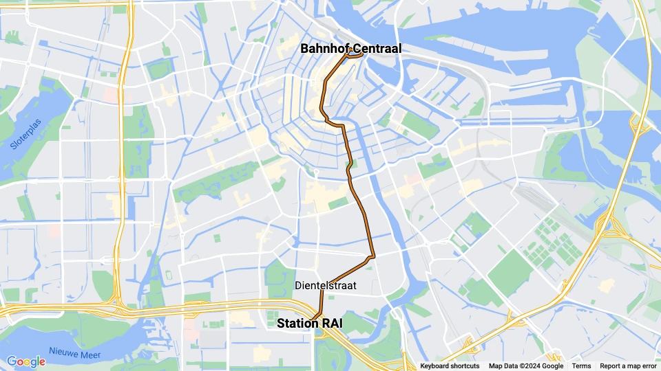 Amsterdam Straßenbahnlinie 4: Bahnhof Centraal - Station RAI Linienkarte
